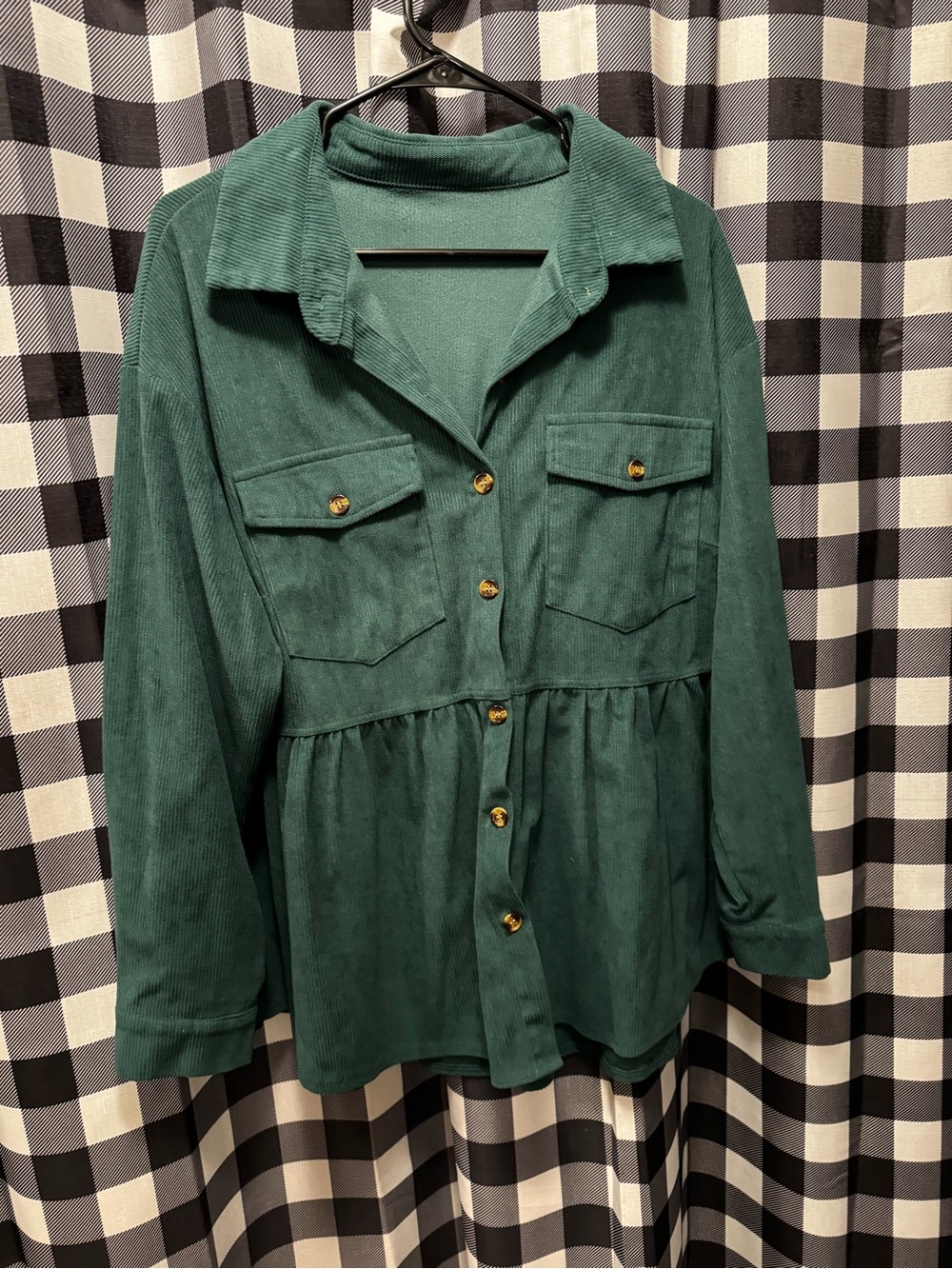 SHEIN Dark Green Button-Front Peplum Corduroy Shirt